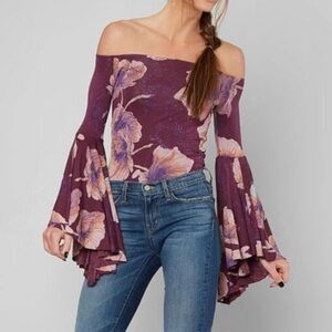 We The Free Birds Of Paradise Printed Flared Sleeve Top Boho Off the Shoulder M